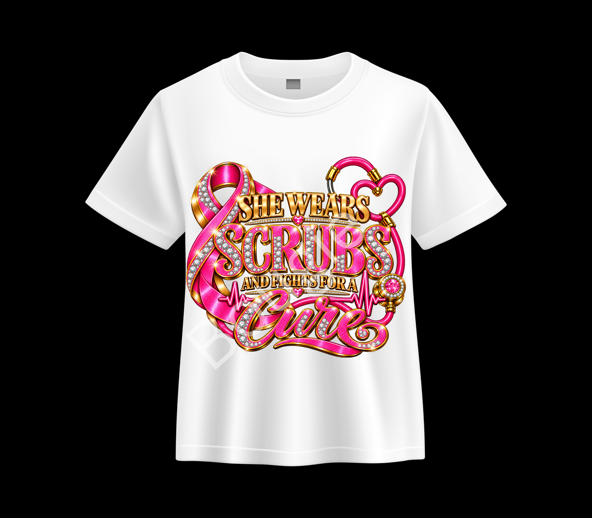 She Wears Scrubs and Fights for a Cure T-Shirt | Breast Cancer Awareness Nurse Tee