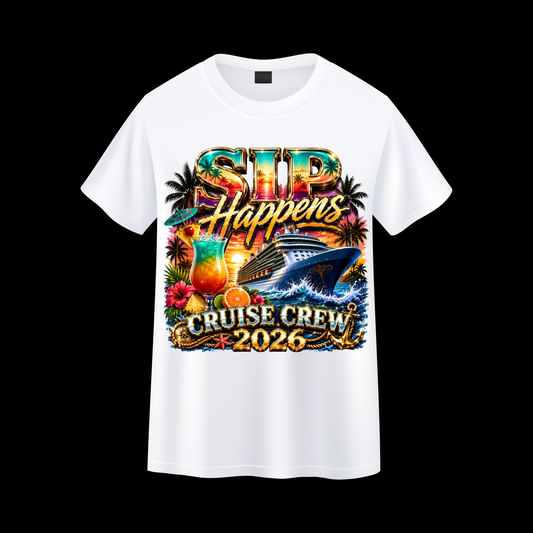 Sip Happens Cruise Crew 2026 T Shirt | Funny Cruise Vacation Tee | Tropical Cocktail Cruise Shirt | Matching Group Cruise Shirt